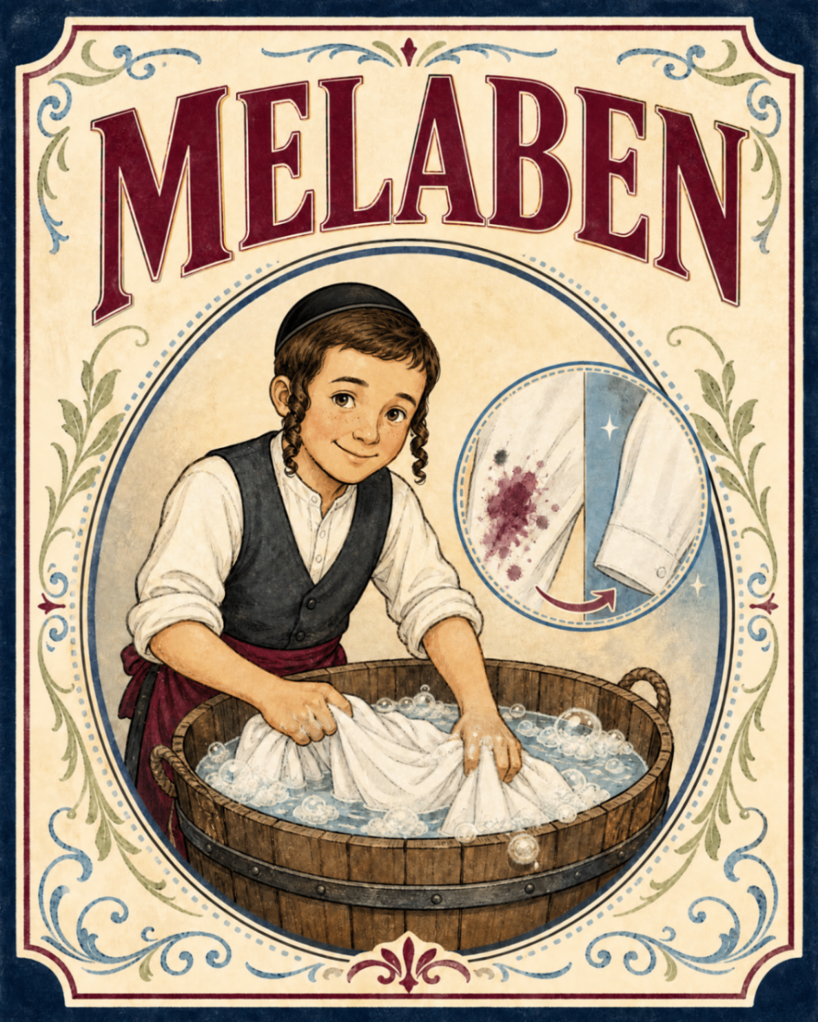 Melaben packaging label illustration: a boy washing a white shirt in a wooden tub